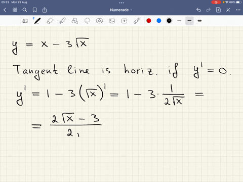find-an-equation-for-the-horizontal-tangent-line-to-the-curve-yx-3-square-root-x-the-horizontal-tangent-line-will-have-a-slope-of-0-enter-your-answer-as-y-a-for-some-appropriate-a-59622