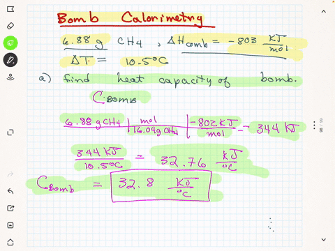 The heat capacity of a bomb calorimeter was determined by