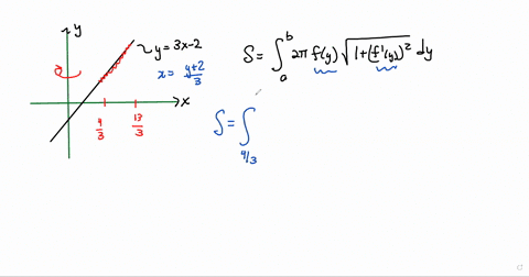 find-the-area-of-the-surface-generated-when-the-given-curve-is-revolved-about-the-given-axis-y-3x-2-for-43sx133-about-the-y-axis-hint-integrate-with-respect-to-y-87713
