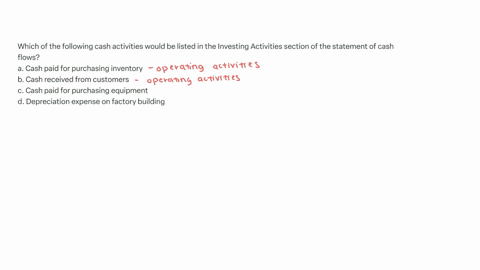 which-of-the-following-cash-activities-would-be-listed-in-the-investing-activities-section-of-the-statement-of-cash-flows-a-cash-paid-for-purchasing-inventory-b-cash-received-from-customers-c-cash-pai
