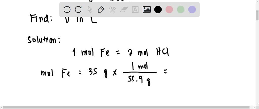 SOLVED: Iron reacts with hydrochloric acid. Fe(s) + 2 HCl(aq) –> FeCl2 ...