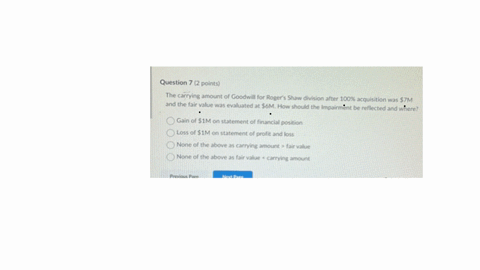 page-7-of-19-final-quiz-advanced-financial-accounting-question-7-2-points-the-carrying-amount-of-goodwill-for-rogers-shaw-division-after-100-acquisition-was-7-mathrmm-and-the-fair-value-was-evaluated