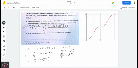the-velocity-in-mihhr-of-a-hiker-walking-along-straight-trail-is-given-by-vt-3sin-for-0-t4-hours-assume-that-s0-0-where-st-is-the-position-function_-determine-and-graph-the-position-function-07324