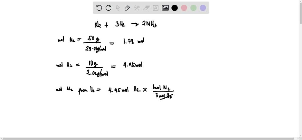 SOLVED: 50g 0f N2 combines with 10g of H2 to form NH3 . 1. Identify the ...