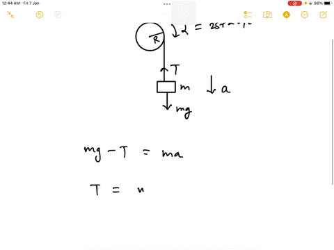a-block-of-mass-m10-kg-starts-from-rest-and-moves-down-the-block-is-attached-to-a-solid-disk-pulley-of-mass-m-and-radius-r-03-m-which-experiences-angular-acceleration-25-rads2-c-neglecting-t-98739