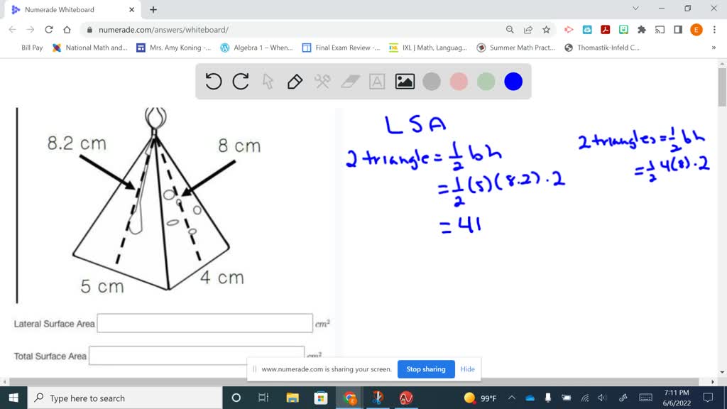 determine the lateral and total surface area of the square pyramid