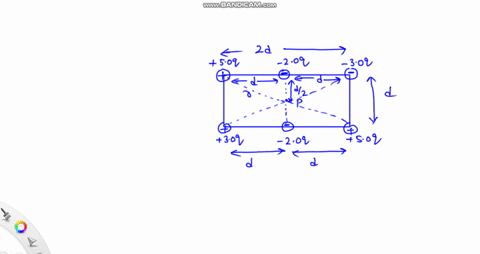 in-fig-25-39-point-p-is-at-the-center-of-the-rectangle-with-v-0-at-infinity-what-is-the-net-electric-potential-in-terms-of-gd-at-p-due-to-the-six-charged-particles-x-qd-50q-20q-0q-30q-20q-50-01498