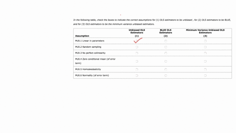 in-the-following-table-check-the-boxes-to-indicate-the-correct-assumptions-for-1-ols-estimators-t0-be-unbiased-for-2-ols-estimators-to-be-blue-and-for-3-ols-estimators-to-be-the-minimum-vari-34577