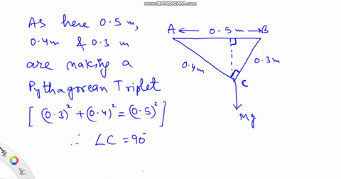 a-lamp-is-supported-in-equilibrium-by-two-chains-fixed-to-two-points-and-b-at-the-same-level-the-lengths-of-the-chain-are-03-m-and-04-m-and-the-distance-between-a-and-b-is-05m-given-that-the-99418