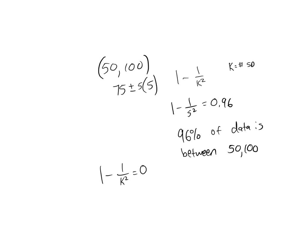 SOLVED: In a statistics class, the average grade on the final examination  was 75 with a standard deviation of 5 Use Chebyshev' s Theorem to answer  the following questions: At least what