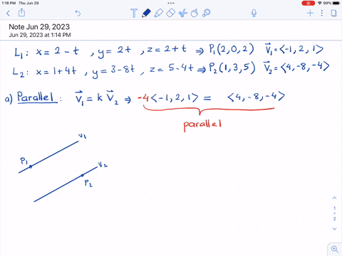 show-that-the-lines-l1-x-2-t-y-2t-z-2-t-and-l2x14t-y-38t-z-54t-are-parallel-and-find-the-distance-between-them-note-enter-the-exact-answer-l1-and-l2-are-parallel-because-they-are-parallel-to-vectors-v