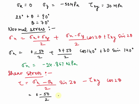 an-element-is-subjected-to-the-plane-stresses-shown-in-the-figure-a-determine-normal-stress-and-shear-stress-acting-on-the-plane-that-is-inclined-at-20o-as-shown-in-the-figure-b-determine-th-70154