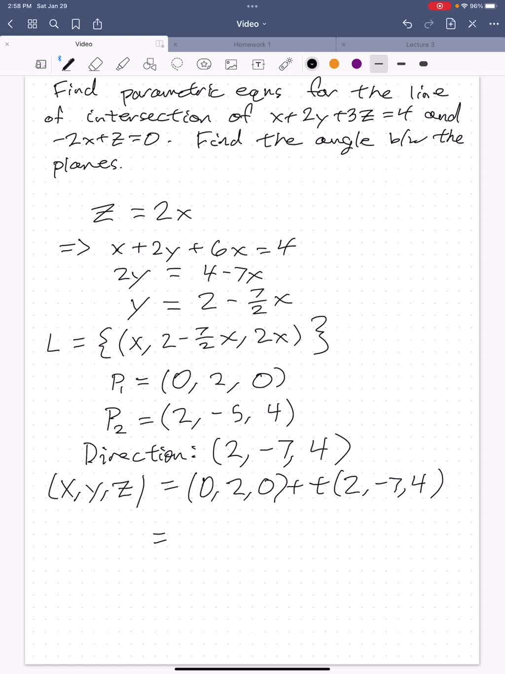 Solved Determine Parametric Equations Of The Line Of Intersections Of The Planes X 2y 3z