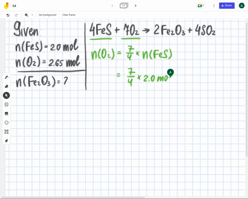 Consider the following reaction: 4 FeS + 7 O2 → 2 Fe2O3 + 4 SO2 If 2.00 ...