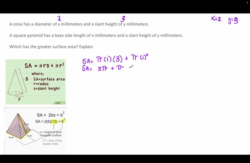 SOLVED: A cone has a diameter of r millimeters and a slant height ofy ...