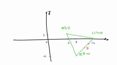 7points-a-b-and-c-make-the-triangle-abc-and-are-at-the-coordinates-a6-2-b8-6-and-c14-0-point-d-is-the-midpoint-of-bc-and-ad-is-a-median-of-aabc-the-equation-of-the-median-can-be-given-by-ax-54242