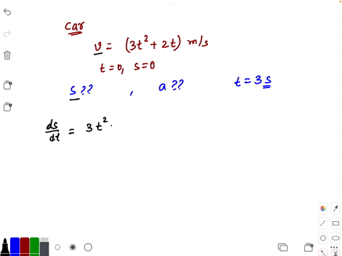the-car-in-moves-in-a-straight-line-such-that-for-a-short-time-its-velocity-is-defined-by-v-ft-3t2-2t-ms-where-t-is-in-second-when-t-0-s-0-determine-it-position-s-and-acceleration-a-when-t-3-84098