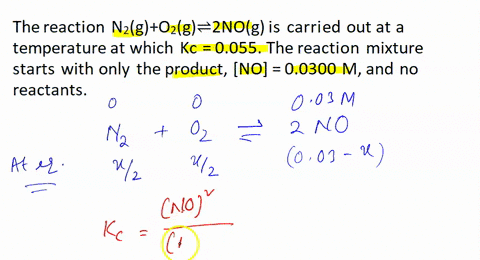 the-reaction-n2go2g2nog-is-carried-out-at-a-temperature-at-which-kc-0055-the-reaction-mixture-starts-with-only-the-product-no-00300-m-and-no-reactants-part-a-find-the-equilibrium-concentrati-90817