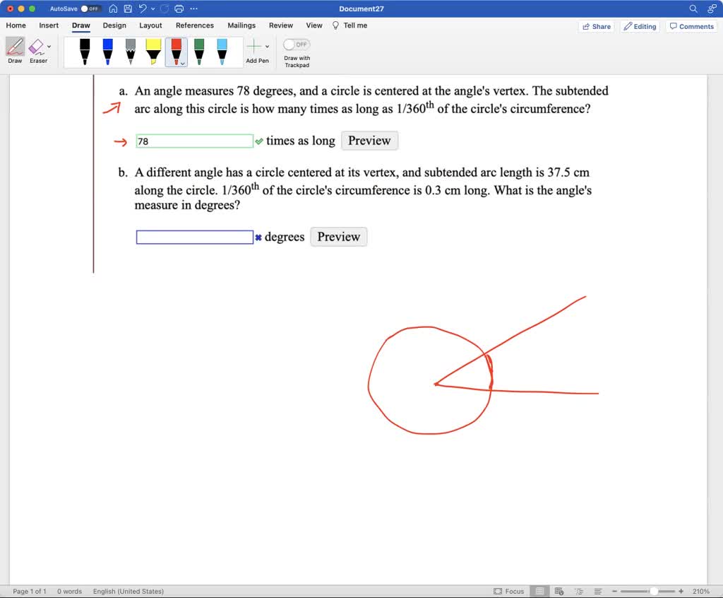 SOLVED: An angle measures 78 degrees, and a circle is centered at the ...