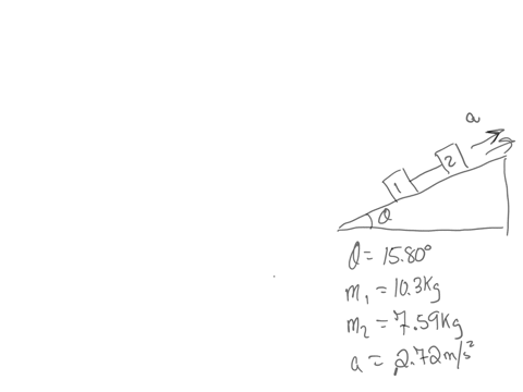two-blocks-m-103-kg-and-m-759-kg-are-connected-via-a-massless-rope-they-are-being-pushed-up-a-frictionless-hill-with-a-slope-of-1580-with-a-constant-force-in-the-direction-of-the-incline-such-that-the