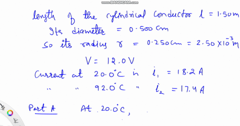 a-150-m-cylindrical-rod-of-diameter-0500-cm-is-connected-to-a-power-supply-that-maintains-a-constant-potential-difference-of-120-v-across-its-ends-while-an-ammeter-measures-the-current-throu-93868