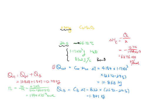 a-0343-g-sample-of-decanoic-acid-c10h20o2-is-burned-in-a-bomb-calorimeter-and-the-temperature-increases-from-2450-c-to-2672-c-the-calorimeter-contains-117103-g-of-water-and-the-bomb-has-a-heat-capacit
