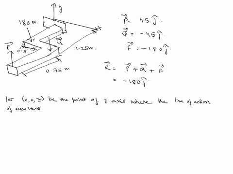 the-180n-force-and-the-couple-formed-by-the-forces-p-and-q-act-on-the-structure-shown-if-p-q-45n-replace-this-system-with-an-equivalent-resultant-force-r-and-specify-the-point-where-the-line-of-action