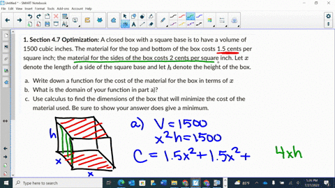 1-section-47-optimization-a-closed-box-with-a-square-base-is-to-have-a-volume-of-1500-cubic-inches-the-material-for-the-top-and-bottom-of-the-box-costs-15-cents-per-square-inch-the-material-34865