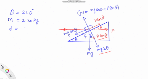 a-trunk-of-mass-m-2300-kg-is-pushed-a-distance-d-690-cm-up-an-incline-with-an-angle-of-inclination-210-by-a-constant-horizontal-force-p-325-n-see-figure-the-coefficient-of-kinetic-friction-b-01887