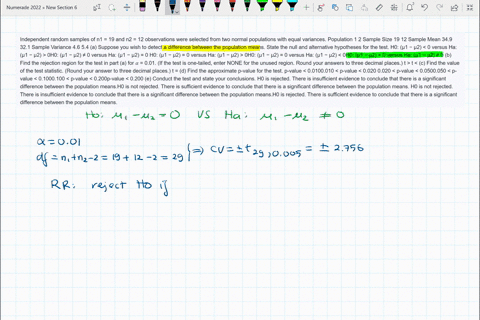 independent-random-samples-of-n1-19-and-n2-12-observations-were-selected-from-two-normal-populations-with-equal-variances-population-1-2-sample-size-19-12-sample-mean-349-321-sample-variance-61111
