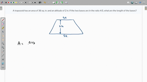 a-trapezoid-has-an-area-of-36-sq-in-and-an-altitude-of-2-in-if-the-two-bases-are-in-the-ratio-45-what-are-the-length-of-the-bases-30627