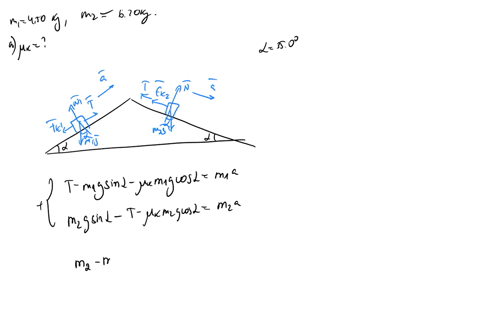 the-system-shown-in-the-figure-below-has-an-acceleration-of-magnitude-056-ms-where-m1-450-kg-and-m2-620-kg-assume-that-the-coefficient-of-kinetic-friction-between-block-and-incline-is-the-sa-32467
