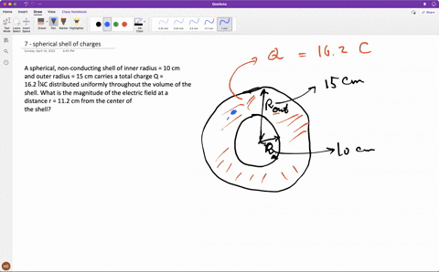 a-spherical-non-conducting-shell-of-inner-radius-10-cm-and-outer-radius-15-cm-carries-a-total-charge-q-162-c-distributed-uniformly-throughout-the-volume-of-the-shell-what-is-the-magnitude-of-81259