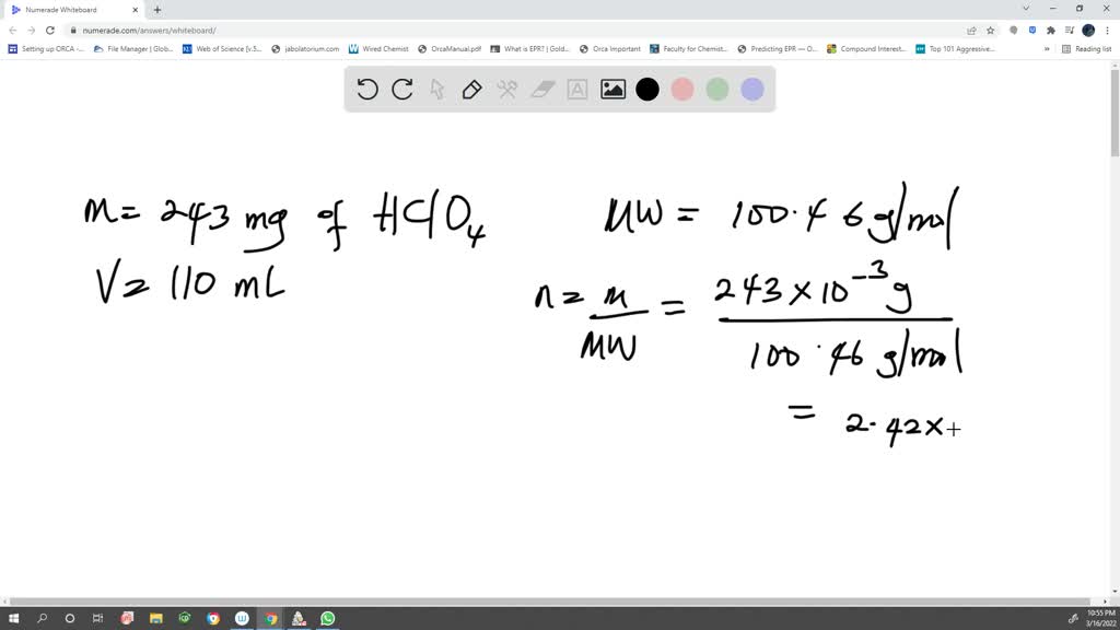 SOLVED chemist dissolves 221 mng of pure hydrobromic acid In enough water to make up 310. mL of