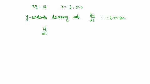 a-particle-moves-along-hyperbola-xy-12_-as-it-reaches-the-point-3-4-the-y-coordinate-is-decreasing-at-a-rate-of-4-cms_-how-fast-is-the-x-coordinate-of-the-point-changing-at-that-instant-cms-23503