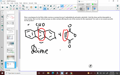 draw-a-mechanism-for-the-diels-alder-reaction-occurring-between-9-anthraldehyde-and-maleic-anhydride-label-the-diene-and-the-dieneophile-in-your-reaction-how-are-the-carbonyl-groups-on-eithe-37719