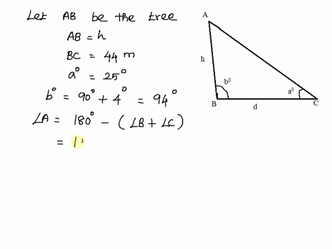 a-tree-grows-at-an-angle-of-4-from-the-vertical-due-to-prevailing-winds-at-a-point-d-44-meters-from-the-base-of-the-tree-the-angle-of-elevation-to-the-top-of-the-tree-is-a-25-see-figure-a-write-an-e-2