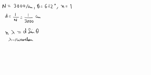 a-diffraction-has-3000-gratings-per-centimeter-monochromatic-light-is-shined-through-the-diffraction-grating-and-the-angle-between-the-central-maximum-and-first-order-maximum-is-612-what-is-93649
