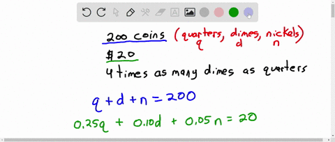 a-bag-of-coins-only-quarters-dimes-and-nickels-there-are-200-coins-in-the-bag-with-a-total-value-of-20-there-are-4-times-as-many-dimes-as-quarters-in-the-bag-how-many-of-each-coin-is-in-the-59784