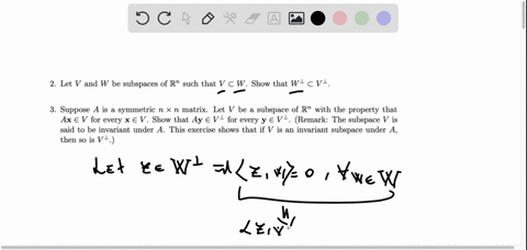 2-let-v-and-w-be-subspaces-of-rn-such-that-v-w-show-that-wl-va-3-suppose-a-is-a-symmetric-n-x-n-matrix-let-v-be-subspace-of-rn-with-the-property-that-ax-v-for-every-x-v-show-that-ay-vl-for-e-27593
