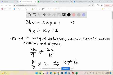 find-conditions-on-k-that-will-make-the-following-system-of-equations-have-a-unique-solution-to-enter-your-answer-first-select-whether-k-should-be-equal-or-not-equal-to-specific-values-then-enter-a-va