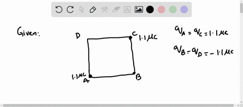 four-charges-are-arranged-at-the-corners-of-a-square-as-depicted-in-the-figure-using-the-symmetry-of-the-arrangement-determine-the-direction-of-the-electric-field-at-the-center-of-the-square-90403