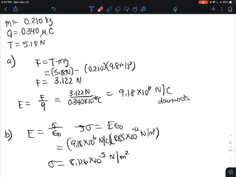 a-point-charge-of-mass-0210mathrm-kg-and-net-charge-0340-mu-mathrm-c-hangs-at-rest-at-the-end-of-an-79324