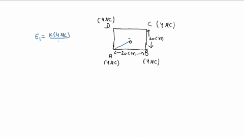 2-four-equal-magnitude-4-c-charges-are-placed-at-the-four-corners-of-a-square-that-is-20-cm-on-each-side-find-the-electric-field-intensity-at-the-center-of-the-square-if-the-charges-are-all-38767