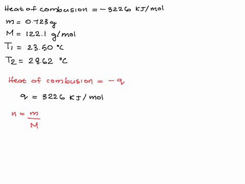 the-heat-of-combustion-of-benzoic-acid-c6h5cooh-is-3226-kjmol-when-0723-g-of-benzoic-acid-was-burned-in-a-bomb-calorimeter-the-temperature-of-the-calorimeter-including-its-contents-rose-from-03728