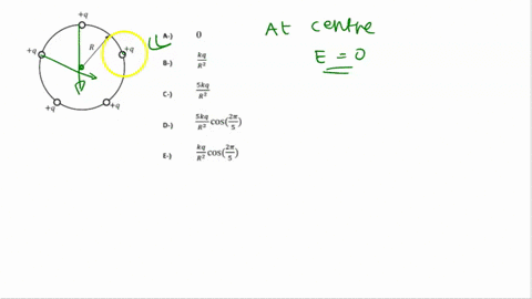 five-posilive-point-charges-of-magnitude-are-placed-symmetrically-on-circle-with-radius-r-find-the-magnitude-of-the-electric-field-in-the-center-of-the-circle-r-ska-skq-cosi-cos-81723