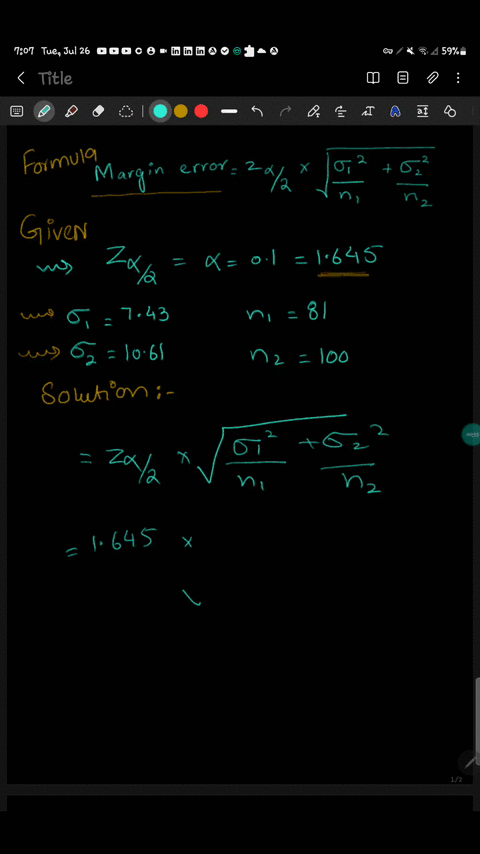 calculate-the-margin-of-error-of-a-confidence-interval-for-the-difference-between-two-population-means-using-the-given-information-round-your-answer-to-six-decimal-places-1743-n181-21061-n2100-01