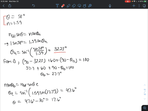 a-ray-of-light-is-incident-on-the-symmetric-trigangular-prism-in-the-figure-below-as-shown-with-theta-58-if-the-index-of-refraction-of-the-prism-is-n-159-what-angke-does-the-out-going-ray-ma-10731