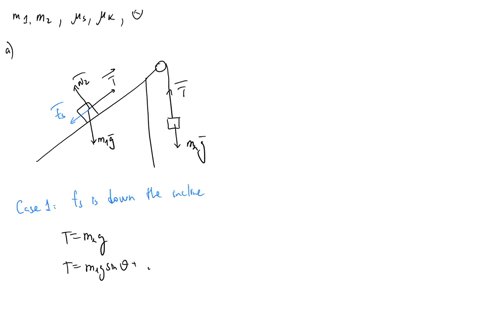block-of-mass-m-constrained-to-move-along-a-plane-inclined-at-angle-t0-the-horizontal-is-connected-via-massless-inextensible-string-that-passes-over-massless-pulley-second-block-2-of-mass-m-89398