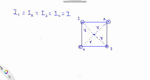 as-shown-in-the-figure-below-four-wires-have-current-flowing-perpendicular-to-the-plane-of-the-page-the-wires-go-through-the-corners-of-a-square-and-their-current-magnitudes-are-identical-3-88595